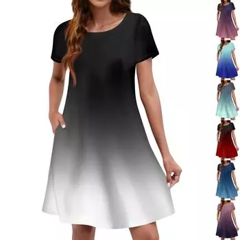 Летние платья для женщин. Пляжный сарафан с цветочным принтом и короткими рукавами. Повседневное платье-футболка с карманами. L чёрный