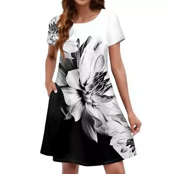 Летние платья для женщин. Пляжный сарафан с цветочным принтом и короткими рукавами. Повседневное платье-футболка с карманами. M чёрный