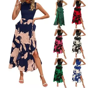 Летние платья для женщин, повседневное платье миди без рукавов с круглым вырезом, лоскутное платье в стиле бохо с цветочными рюшами, коктейльное платье миди XXL синий
