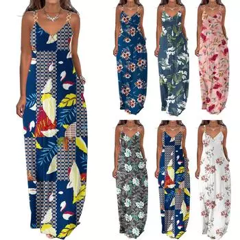 Летние платья для женщин, повседневное пляжное длинное платье макси с карманами и принтом в стиле бохо L синий