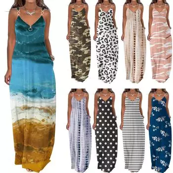 Летние платья для женщин, повседневное пляжное длинное платье макси с карманами и принтом в стиле бохо XL синий