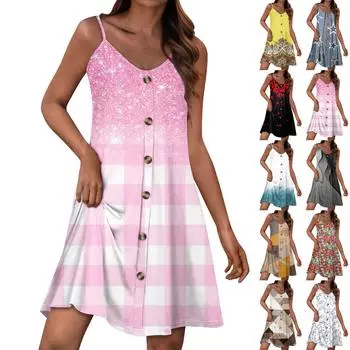 Летние платья для женщин, повседневный сарафан на тонких бретельках с пуговицами, пляжное платье с карманами L бежевый