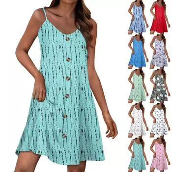 Летние платья для женщин, повседневный сарафан на тонких бретельках с пуговицами, пляжное платье с карманами L синий