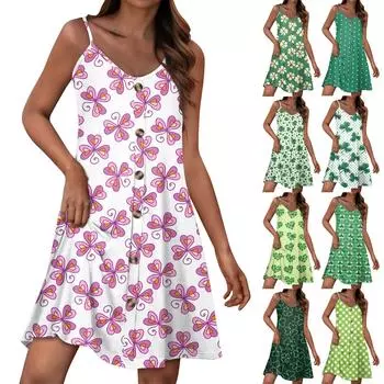 Летние платья для женщин, повседневный сарафан на тонких бретельках с пуговицами, пляжное платье с карманами L армия зеленый