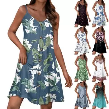 Летние платья для женщин, повседневный сарафан на тонких бретельках с пуговицами, пляжное платье с карманами L чёрный