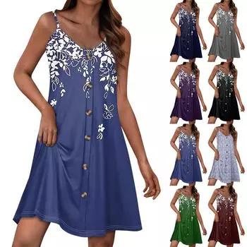 Летние платья для женщин, повседневный сарафан на тонких бретельках с пуговицами, пляжное платье с карманами S синий
