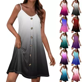 Летние платья для женщин, повседневный сарафан на тонких бретельках с пуговицами, пляжное платье с карманами L синий