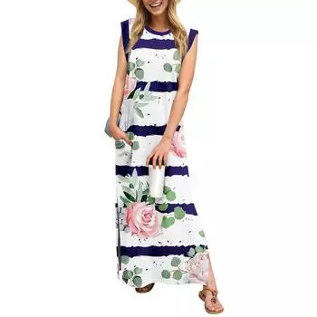 Летние платья для женщин с круглым вырезом, повседневные свободные, с принтом, без складок, длинное пляжное платье макси с карманами S розовый
