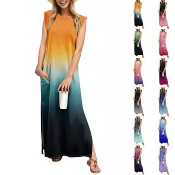 Летние платья для женщин с круглым вырезом, повседневные свободные, с принтом, без складок, длинное пляжное платье макси с карманами XXL оранжевый