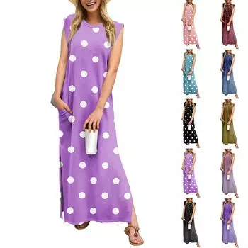Летние платья для женщин с круглым вырезом, повседневные свободные, с принтом, без складок, длинное пляжное платье макси с карманами XXL винный