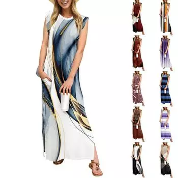 Летние платья для женщин с круглым вырезом, повседневные свободные, с принтом, без складок, длинное пляжное платье макси с карманами M фиолетовый