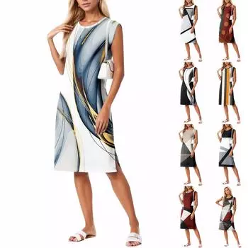 Летние платья для женщин с круглым вырезом, повседневное свободное пляжное платье с разрезом и карманами L чёрный