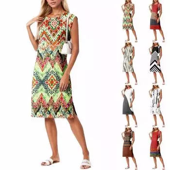 Летние платья для женщин с круглым вырезом, повседневное свободное пляжное платье с разрезом и карманами L бежевый