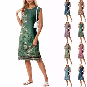 Летние платья для женщин с круглым вырезом, повседневное свободное пляжное платье с разрезом и карманами M