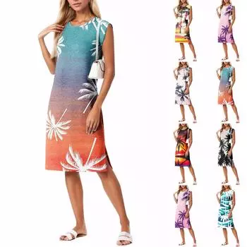 Летние платья для женщин с круглым вырезом, повседневное свободное пляжное платье с разрезом и карманами XXL