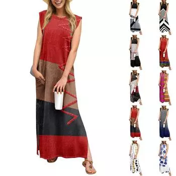 Летние платья для женщин с круглым вырезом, повседневные свободные, с принтом, без складок, длинное пляжное платье макси с карманами L синий