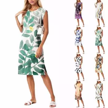 Летние платья для женщин с круглым вырезом, повседневное свободное пляжное платье с разрезом и карманами XXL