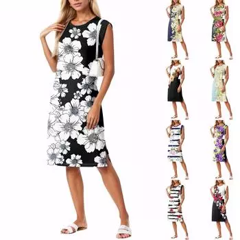 Летние платья для женщин с круглым вырезом, повседневное свободное пляжное платье с разрезом и карманами XXL белый