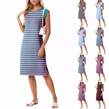 Летние платья для женщин с круглым вырезом, повседневное свободное пляжное платье с разрезом и карманами XL