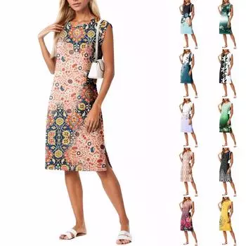 Летние платья для женщин с круглым вырезом, повседневное свободное пляжное платье с разрезом и карманами XL жёлтый