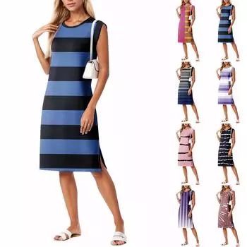 Летние платья для женщин с круглым вырезом, повседневное свободное пляжное платье с разрезом и карманами XXL