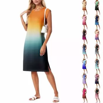 Летние платья для женщин с круглым вырезом, повседневное свободное пляжное платье с разрезом и карманами XL розовый