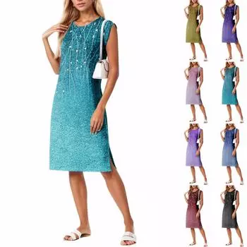 Летние платья для женщин с круглым вырезом, повседневное свободное пляжное платье с разрезом и карманами L циан