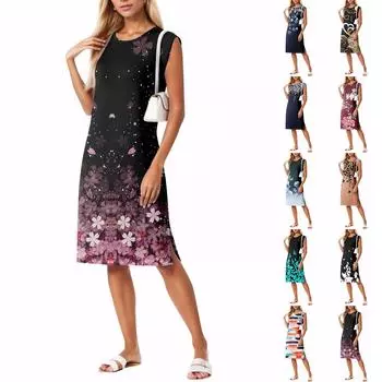 Летние платья для женщин с круглым вырезом, повседневное свободное пляжное платье с разрезом и карманами S тёмно-синий