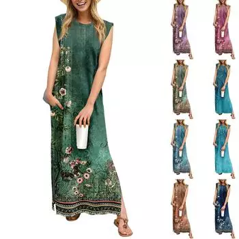 Летние платья для женщин с круглым вырезом, повседневные свободные, с принтом, без складок, длинное пляжное платье макси с карманами L