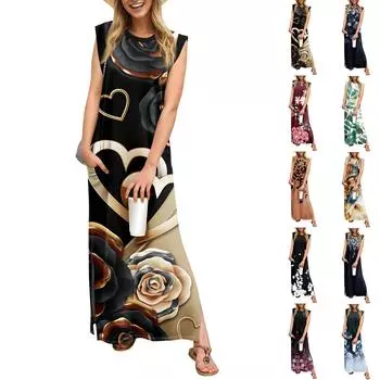 Летние платья для женщин с круглым вырезом, повседневные свободные, с принтом, без складок, длинное пляжное платье макси с карманами S кофейный