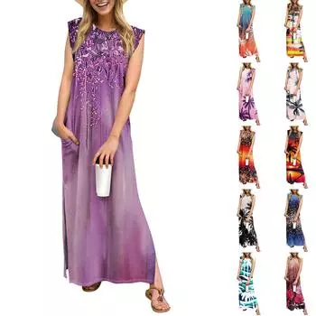 Летние платья для женщин с круглым вырезом, повседневные свободные, с принтом, без складок, длинное пляжное платье макси с карманами S
