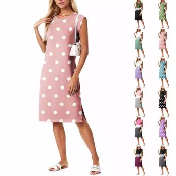 Летние платья для женщин с круглым вырезом, повседневное свободное пляжное платье с разрезом и карманами XL