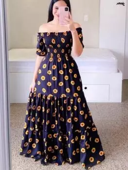 Летние платья для женщин с принтом на плечах, с открытыми плечами, с цветочным принтом, длинное платье в уличном стиле, платье большого размера, пляжное платье S
