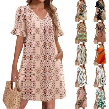Летние платья для женщин с V-образным вырезом, оборками и коротким рукавом, повседневное свободное платье с принтом, пляжное платье с карманами L зелёный