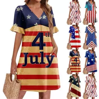 Летние платья для женщин с V-образным вырезом, оборками и коротким рукавом, повседневное свободное пляжное платье с принтом и карманами XXL винный