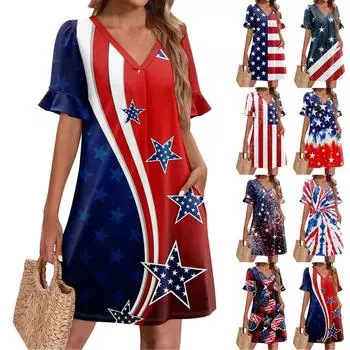 Летние платья для женщин с V-образным вырезом, оборками и коротким рукавом, повседневное свободное пляжное платье с принтом и карманами L синий