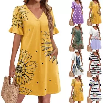 Летние платья для женщин с V-образным вырезом, оборками и коротким рукавом, повседневное свободное платье с принтом, пляжное платье с карманами XL синий