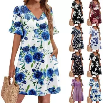 Летние платья для женщин с V-образным вырезом, оборками и коротким рукавом, повседневное свободное платье с принтом, пляжное платье с карманами S