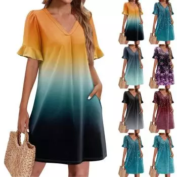 Летние платья для женщин с V-образным вырезом, оборками и коротким рукавом, повседневное свободное платье с принтом, пляжное платье с карманами L циан