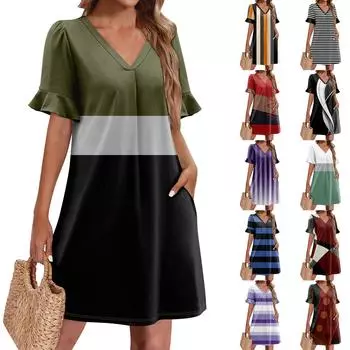 Летние платья для женщин с V-образным вырезом, оборками и коротким рукавом, повседневное свободное платье с принтом, пляжное платье с карманами S фиолетовый