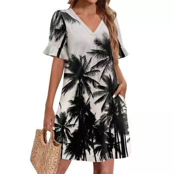 Летние платья для женщин с V-образным вырезом, оборками и коротким рукавом, повседневное свободное платье с принтом, пляжное платье с карманами S синий