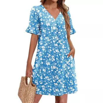 Летние платья для женщин с V-образным вырезом, оборками и коротким рукавом, повседневное свободное платье с принтом, пляжное платье с карманами S розовый