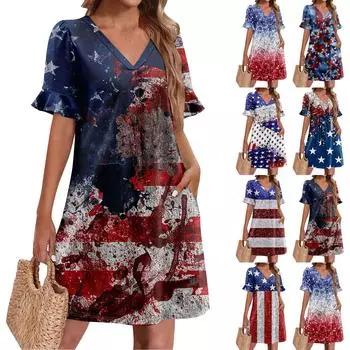 Летние платья для женщин с V-образным вырезом, оборками и коротким рукавом, повседневное свободное пляжное платье с принтом и карманами M