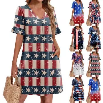 Летние платья для женщин с V-образным вырезом, оборками и коротким рукавом, повседневное свободное пляжное платье с принтом и карманами XXL