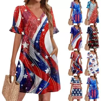 Летние платья для женщин с V-образным вырезом, оборками и коротким рукавом, повседневное свободное пляжное платье с принтом и карманами L винный