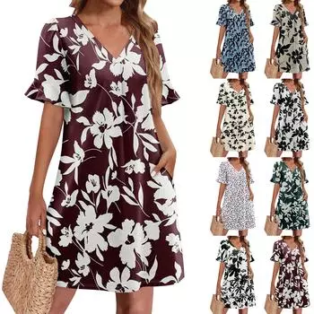 Летние платья для женщин с V-образным вырезом, оборками и коротким рукавом, повседневное свободное платье с принтом, пляжное платье с карманами XL зелёный