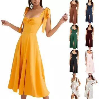 Летние платья для женщин, сексуальная юбка трапециевидной формы с принтом и шнуровкой, с открытой запахом и высокой талией L бежевый