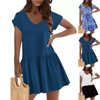 Летние платья для женщин, свернутые платья с коротким рукавом, повседневные пляжные струящиеся сарафаны с V-образным вырезом S чёрный