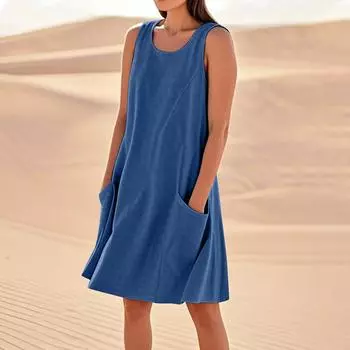 Летние платья для женщин, свободные пляжные повседневные сарафаны без рукавов с карманами, платье-майка L синий
