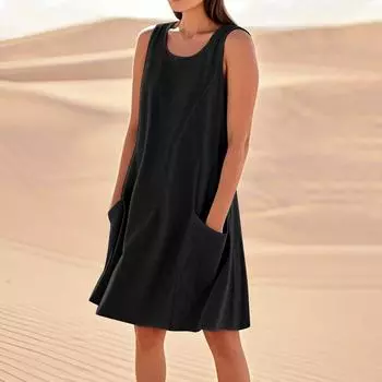 Летние платья для женщин, свободные пляжные повседневные сарафаны без рукавов с карманами, платье-майка L чёрный